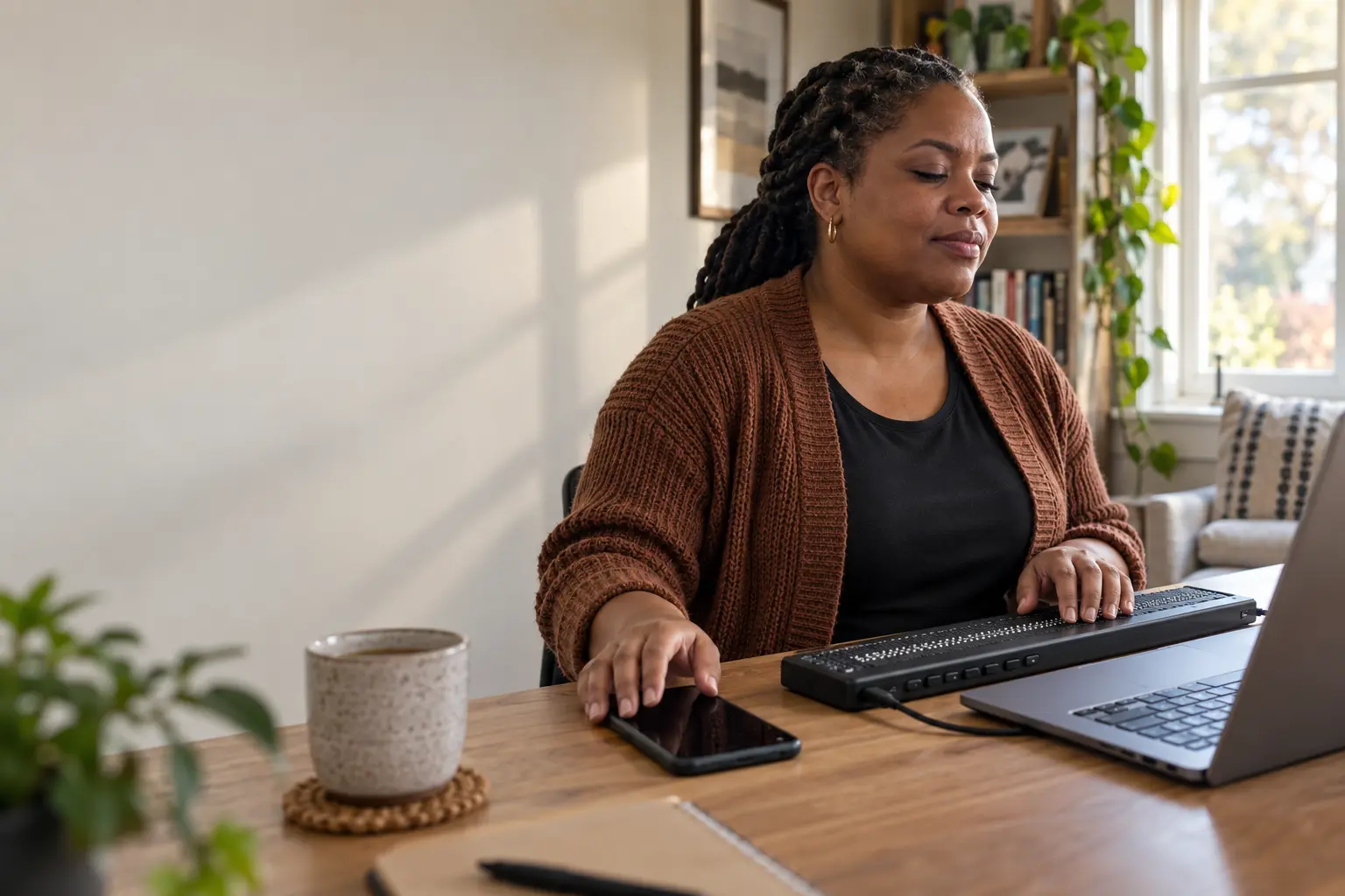 A blind adult using a smartphone, laptop, and refreshable braille display at home.