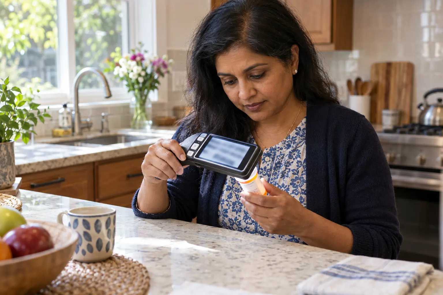 A woman with low vision using an electronic magnifier to read health information at home.